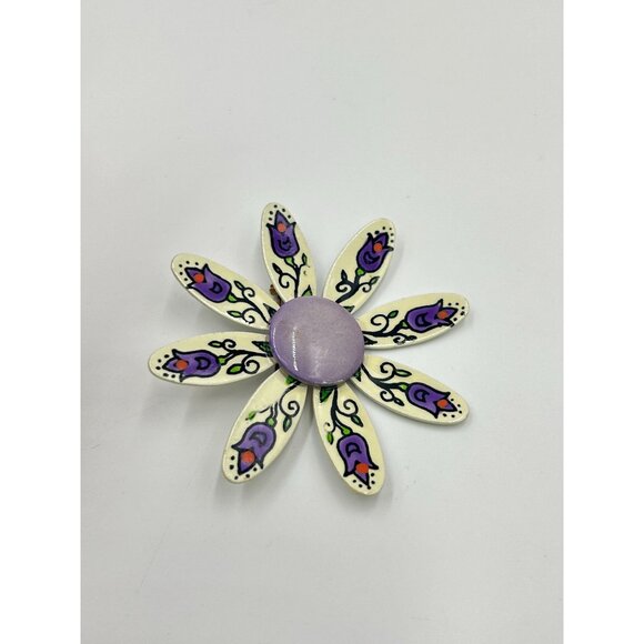Handpainted Daisy Flower Pin Brooch with Purple Center Made in W. Germany - Picture 2 of 6